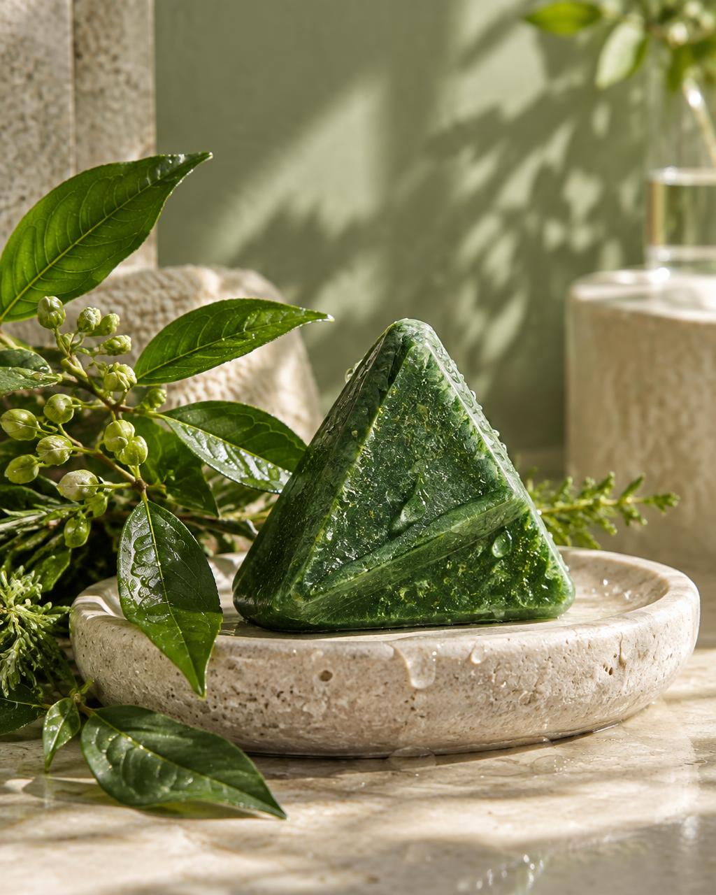 Botanical scalp bar among green leaves